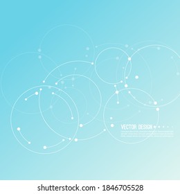 Vector abstract background with overlapping circles and dots. Chaotic motion. Round banner with empty space for text. Node molecule structure. Science and connection concept.