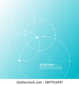 Vector abstract background with overlapping circles and dots. Chaotic motion. Round banner with empty space for text. Node molecule structure. Science and connection concept.