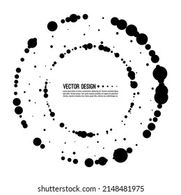 Vector abstract background with overlapping circles and dots. Chaotic motion. Round banner with empty space for text. Node molecule structure. Science and connection concept.