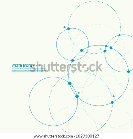 Vector abstract background with overlapping circles and dots. Chaotic motion. Round banner with empty space for text. Node molecule structure. Science and connection concept.