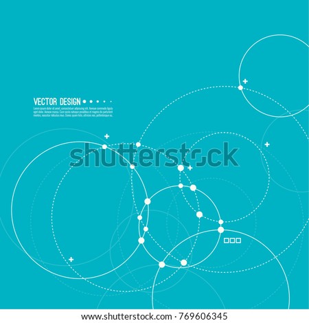 Vector abstract background with overlapping circles and dots. Chaotic motion. Round banner with empty space for text. Node molecule structure. Science and connection concept.