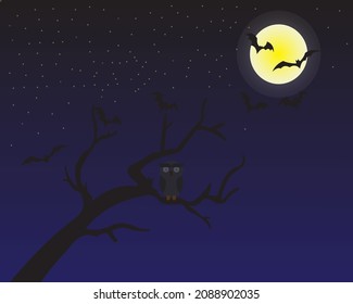 vector abstract background of owls, tree branches and bats at night