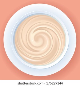 Vector abstract background of pale beige cream in a white cup with saucer on pink tablecloth