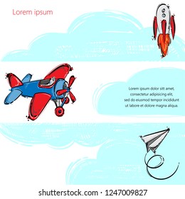 Vector abstract background with paper airplane, rocket and plane. Illustration for design of banners, cards, posters and other.