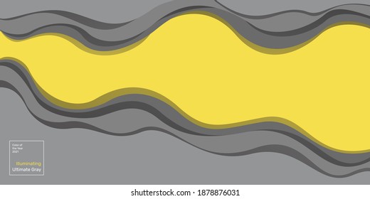 Vector abstract background in paper art style in colors of the year 2021. Ultimate gray and illuminating. Design template for sites, banners, social networks. Copyspace.