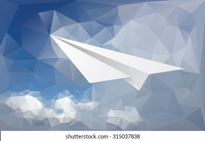 vector abstract background with paper plane over paper sky and clouds, low poly