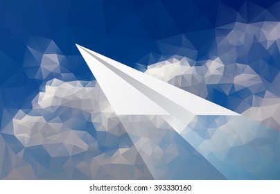 vector abstract background with paper plane over low poly cloudy sky