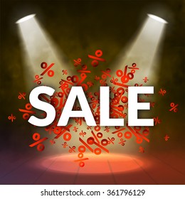 Vector abstract background with percents and SALE word sign. Percentage concept illustration. Hot sale banner on dark red