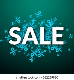 Vector abstract background with percents and SALE word sign. Percentage concept illustration. Hot sale banner on dark turquoise