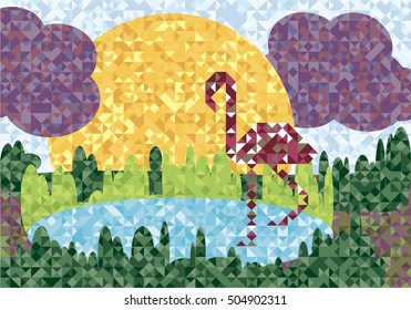 Vector abstract background with a picture of nature. Sun, lake, clouds, grass, flamingos. Geometric pattern.