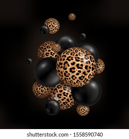 Vector abstract background with realistic 3d balls on black backdrop. Modern minimal luxury composition with glossy black and leopard print skin spheres. Trendy bubbles banner, poster design. 