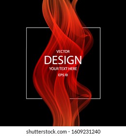 Vector abstract background. Red transparent wave of smoke on a black background, text frame. Modern background for advertising, discounts, flyer, packaging.