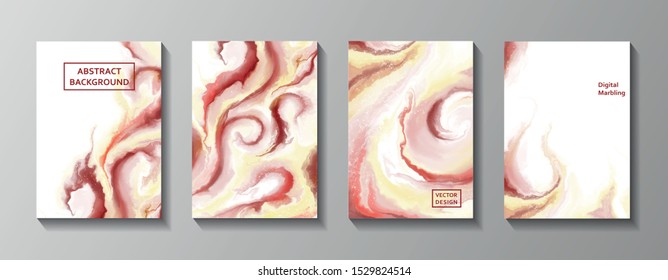 Vector abstract background in red vivid color splashes. Fluid marble texture set. Set of  A5 cards for print and web design. eps