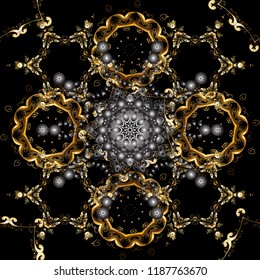 Vector abstract background with repeating elements. Vector illustration. Golden seamless pattern on black, gray and brown colors with golden elements. 