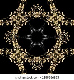 Vector abstract background with repeating elements. Golden seamless pattern on black, brown and beige colors with golden elements. Vector illustration. Seamless damask classic golden pattern.