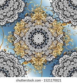 Vector abstract background with repeating elements. Seamless damask classic golden pattern. Golden seamless pattern on white and black colors with golden elements. Vector illustration.