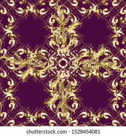 Vector abstract background with repeating elements. Seamless damask classic golden pattern. Vector illustration. Golden seamless pattern on beige and purple colors with golden elements.