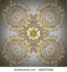 Vector abstract background with repeating elements. Golden seamless pattern on white and gray colors with golden elements. Vector illustration. Seamless damask classic golden pattern.
