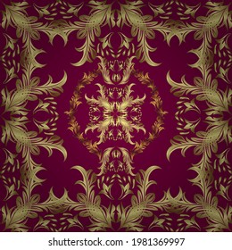 Vector abstract background with repeating elements. Seamless damask classic golden pattern. Vector illustration. Golden seamless pattern on yellow, neutral and purple colors with golden elements.