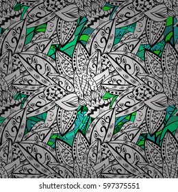 Vector abstract background with repeating elements. Green pattern on stripes background with green elements. Seamless damask classic white and green pattern.