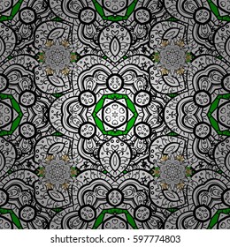 Vector abstract background with repeating elements. White pattern on green background with white elements. Damask classic white pattern.
