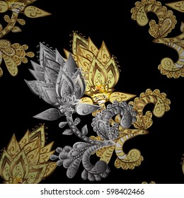 Vector abstract background with repeating elements on black background. Vector illustration. Seamless oriental classic golden pattern.