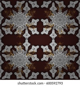 Vector abstract background with repeating elements. Golden pattern on brown background with golden elements. Seamless damask classic white and golden pattern.