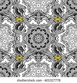 Vector abstract background with repeating elements. White pattern on yellow background with white elements. Damask classic white pattern.