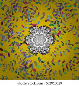 Vector abstract background with repeating elements. White pattern on yellow background with colorful leaves elements. Floral pattern.