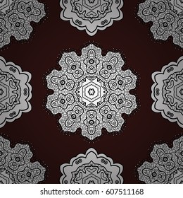 Vector abstract background with repeating elements. Golden pattern on brown background with golden elements. Seamless damask classic white and golden pattern.