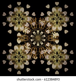 Vector abstract background with repeating elements. Vector illustration. Golden seamless pattern on black background with golden elements. Seamless damask classic golden pattern.