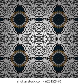 Vector abstract background with repeating elements. Golden pattern on blue background with golden elements. Damask classic white and golden pattern.