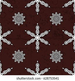 Vector abstract background with repeating elements. White seamless pattern on brown background with white elements. Seamless damask classic white pattern. Vector illustration.