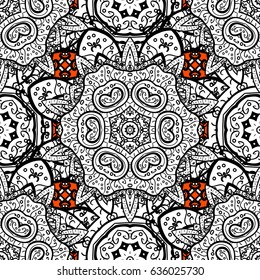 Vector abstract background with repeating elements. White seamless pattern on orange background with white elements. Seamless damask classic white pattern. Vector illustration.