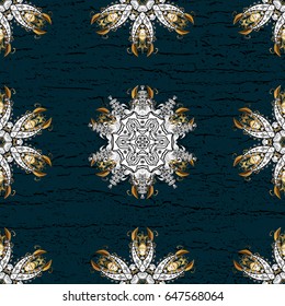 Vector abstract background with repeating elements. Golden pattern on blue background with golden elements. Damask classic white and golden pattern.