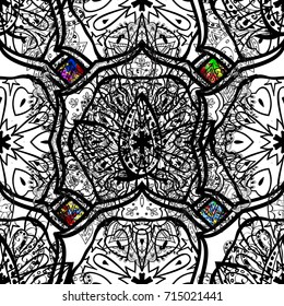 Vector abstract background with repeating elements. Seamless damask classic white pattern. Vector illustration. White seamless pattern on colorful background with white elements.