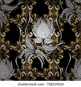Vector abstract background with repeating elements on black, white and gray colors. Vector illustration. Seamless oriental classic golden pattern.