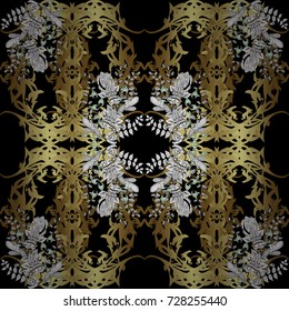 Vector abstract background with repeating elements on black, neutral and brown colors. Vector illustration. Seamless oriental classic golden pattern.