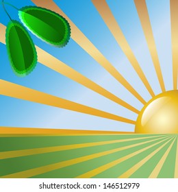 Vector abstract background with rising sun and green leaves