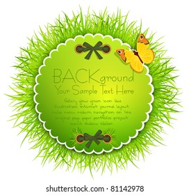Vector abstract background with round greeting card with grass, butterflies and ribbons