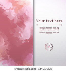 Vector abstract background with sample text. Imitation watercolor drawing. Flower cut from paper. Perfect for invitations, announcement or greetings.