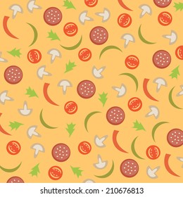 Vector abstract background with sausage, tomato, mushrooms and peppers
