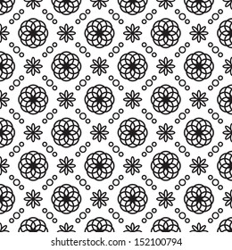 Vector abstract background. Seamless black and white flowers and  circles pattern. Can be used for wallpaper, pattern fills, web page background, surface textures