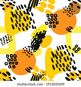 Vector abstract background. Seamless brush stroke pattern. Paint shapes and dots. Textile print or wrapping paper design in doodle style.
