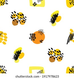 Vector abstract background. Seamless brush stroke pattern. Paint shapes and dots. Textile print or wrapping paper design
