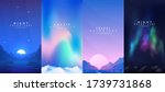 Vector abstract background set. Minimalist style. Flat concept. 4 landscapes collection. Clouds by the water, road between mountains, aurora in the Arctic, night boreal. Cover template. UI design. 