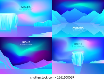 Vector abstract background set. Minimalist style. Flat concept. 4 landscapes collection. Iceberg on the water, aurora in the Arctic, night boreal, Cold ice on the ocean. Website template. UI design