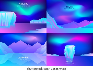 Vector abstract background set. Minimalist style. Flat concept. 4 landscapes collection. Cartoon nature winter arctic ice landscape with iceberg, snow mountains hills. Polar night with aurora borealis