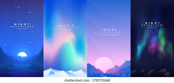 Vector abstract background set  Minimalist style  Flat concept  4 landscapes collection  Clouds by the water  road between mountains  aurora in the Arctic  night boreal  Cover template  UI design  