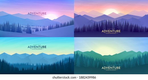 Vector abstract background set  Minimalist style  Flat concept  4 landscapes collection  Mountain view  forest trees  Geometric polygonal design  Website template  Gradient color  Sunset scene  Nature